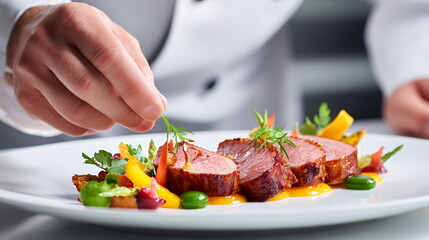 chef plating roasted duck breast with orange glaze and seasonal vegetables, haute cuisine isolated on white
