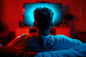 Fototapeta premium Generative AI Image of a Person Watching a Movie at Home with Vibrant Cinema Ambiance