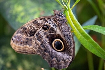 Caligo genus butterfly with intricate patterns on its wings