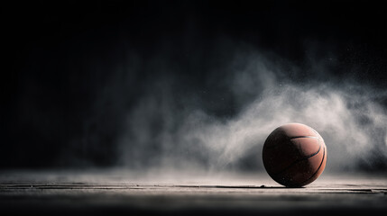 Basketball hits hardwood floor with dramatic bounce, cinematic light, motion particles dynamic sports template. space for text, high-energy scene web banner cover poster placard. Generative Ai content