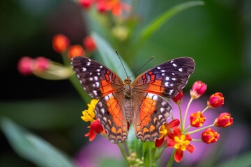 Red Peacock butterfly perched on colorful flowers