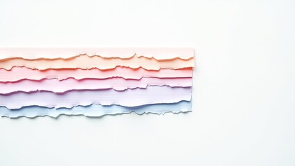 Pastel colored torn paper strips on a white background.