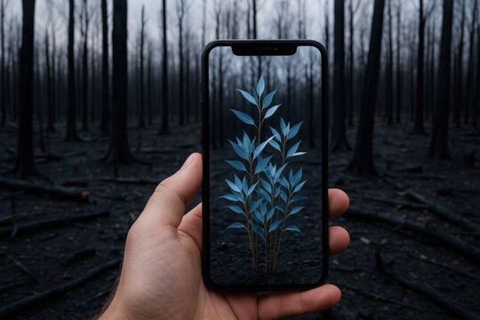 Intriguing contrast of nature and technology in a burned forest setting