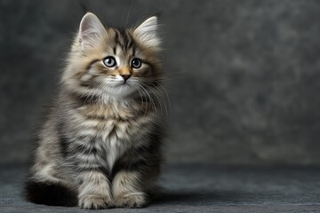 Adorable small kitten with soft fur sitting against a gray backdrop