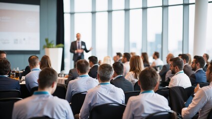 Confident businessman giving a presentation in front of crowd in meeting conference seminar room. Leadership authority teamwork in business concept