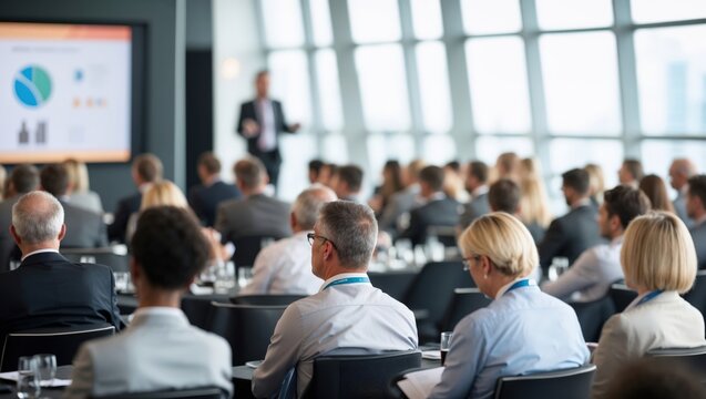 Confident businessman giving a presentation in front of crowd in meeting conference seminar room. Leadership authority teamwork in business concept