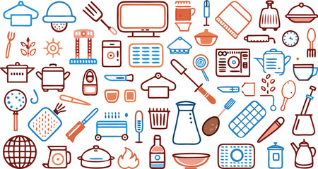 Kitchenware and Cooking Utensils Assortment with Pots Pans Utensils and Appliances Keywords: kitchen, cooking, food, utensils, cookware, pots, pans, knives, forks