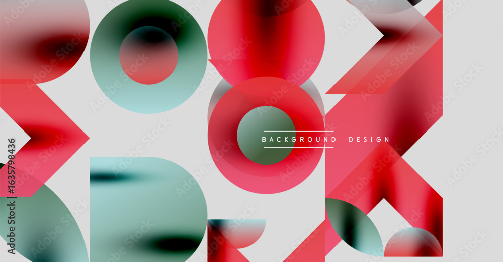 Poster abstract shapes overlap, creating vibrant color gradients. red, teal, white dominate composition. mo