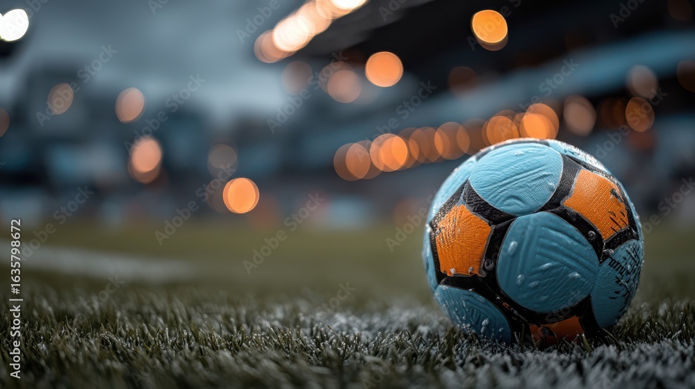 Poster a close-up of a vibrant soccer ball resting on a grass field, with blurred stadium lights in the bac