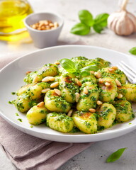 plate of gnocchi with pesto sauce and pine nuts, Italian vegetarian dish isolated on white