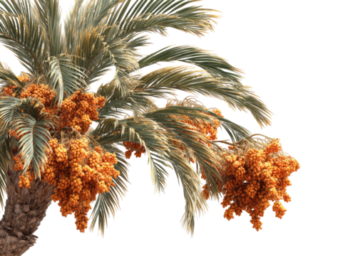 Close-up of date palm branches with clusters of ripe fruit