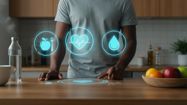 An adult Black man manages his healthy lifestyle through futuristic digital wellness icons for nutrition, heart health, and hydration in a modern kitchen setting.