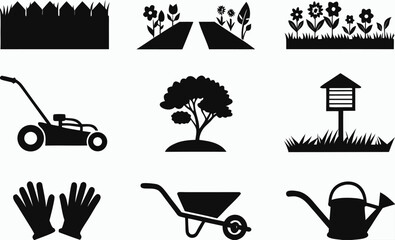 Garden Tools and Elements Black Silhouette Icons gardening
