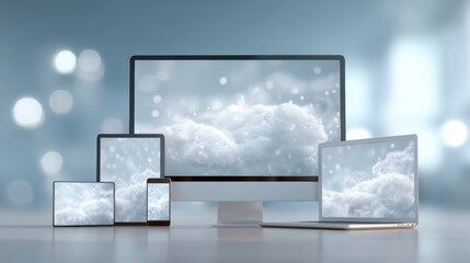 A collection of various digital devices displaying soft cloud imagery against a blurred blue background, emphasizing technology and modern design.