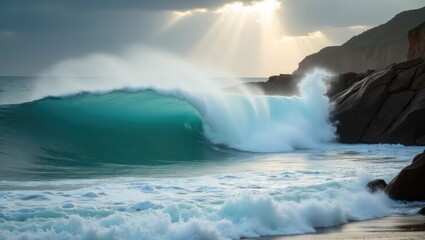 Naklejka premium Powerful ocean wave crashing against coastal rocks.