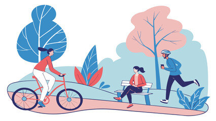 Obraz premium People enjoying outdoor activities in the park, cycling, running, and relaxing on a bench while maintaining social distance