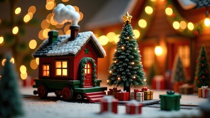 Miniature christmas village scene with a cozy house and a christmas tree.