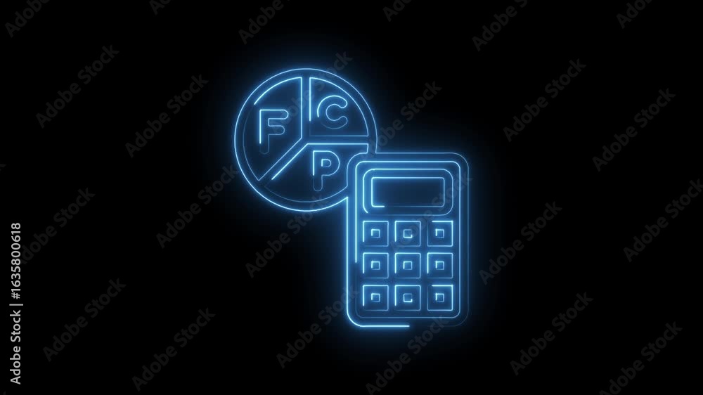 Poster glowing blue neon calculator and pie chart icon with letters f c p isolated on black background for 