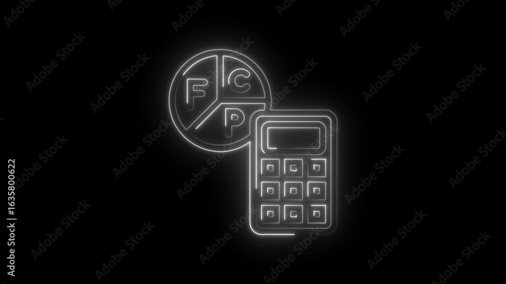 Poster glowing neon financial calculator and pie chart icon with f p c letters isolated on black background