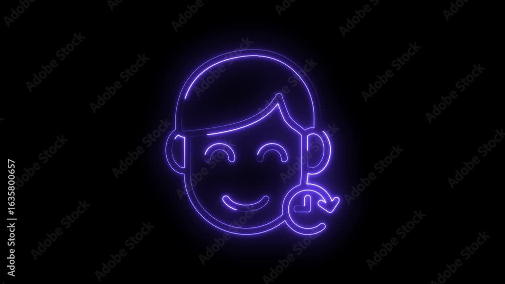 Poster glowing neon purple outline of a smiling face with a circular arrow indicating refresh or repeat on 