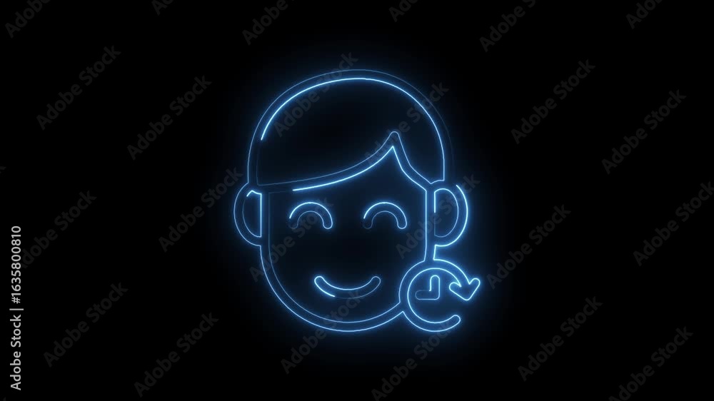 Poster glowing blue neon outline of a smiling human face with a circular arrow indicating refresh or repeat