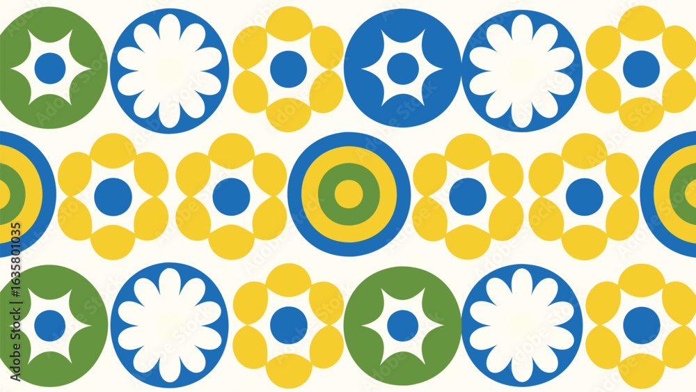 Aufkleber repeating pattern of blue yellow and green circles and floral shapes on a white background creating 