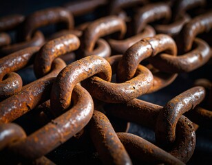 Fototapeta premium A close-up view of a weathered, heavy-duty industrial chain, with its interlocking links showing significant rust and corrosion.