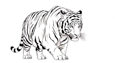 Fototapeta premium Black and White Tiger Drawing on White Background