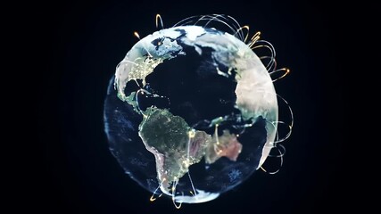 Animated Earth globe with glowing lines representing global network connections and data transfer a concept of worldwide technology and communication - Powered by Adobe
