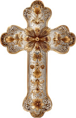 Fototapeta premium Ornate gold and silver cross isolated on transparent background, religious symbol