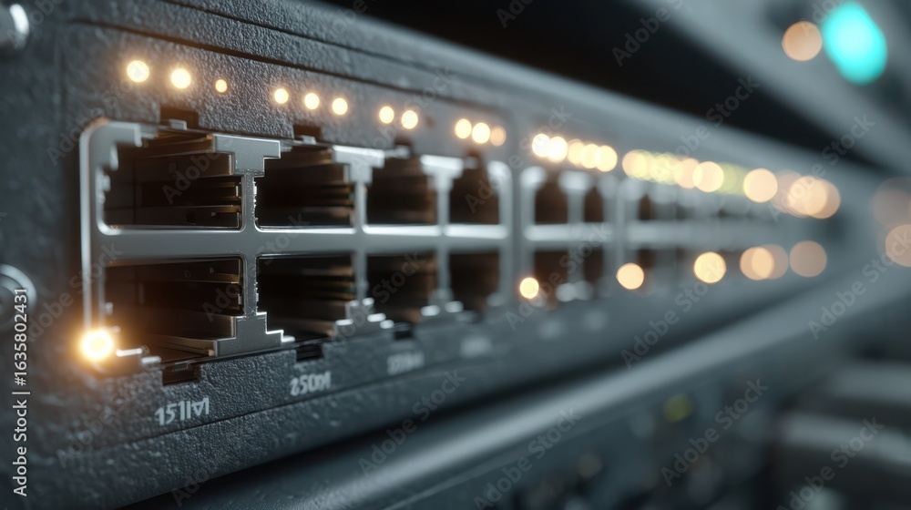 Poster a close-up view of a network switch, featuring multiple ports and illuminated indicators, showcasing
