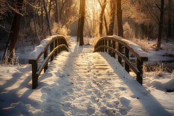 Snowy, wooden bridge in a winter day. Stare Juchy, Poland