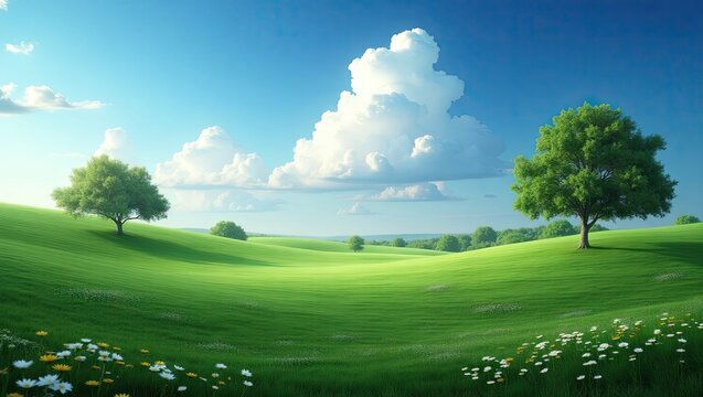 Lush green landscape with rolling hills and trees under a clear blue sky. - Powered by Adobe