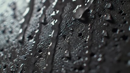 Macro video of water droplets running down a dark textured surface creating a moody abstract background with glossy reflections - Powered by Adobe