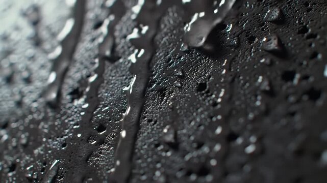 Macro video of water droplets running down a dark textured surface creating a moody abstract background with glossy reflections