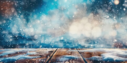 Winter Table - Snowy Plank With Snowfall In The Cold Sky