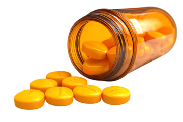 Amber pill bottle spills yellow tablets isolated on white or transparent png