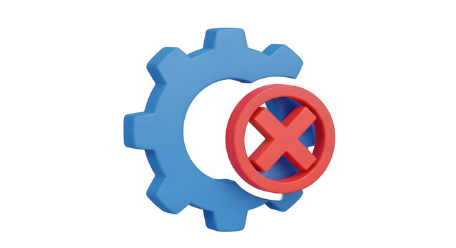 Error in Settings: Gear Icon with Red Cross Symbol 3D Render