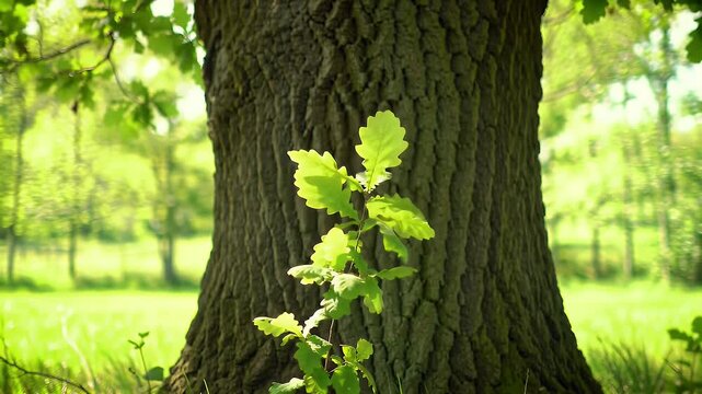 A Young Oak Sapling with Glowing Green Leaves Grows at the Base of a Mighty Oak Tree in a Sunlit Forest Symbolizing New Life