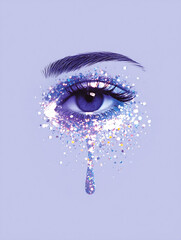 eye with glitter tears on lilac pastel background