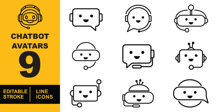 Chatbot Avatars set of web icons in line style. A collection of linear icons representing key Chatbot Avatars concepts, including different styles of chatbot faces with headsets. Editable stroke