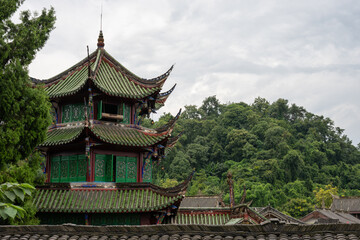 Vibrant traditional architecture against a lush green backdrop i