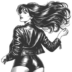 woman in a leather jacket, tube top, and shorts with flowing bob hairstyle and bold attitude sketch engraving generative ai fictional character vector illustration. Scratch board. Black and white.