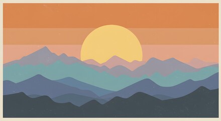 A stylized landscape with layered mountains beneath a segmented sunset and a prominent sun