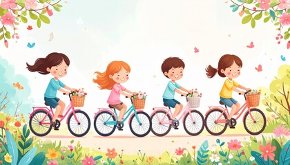 Fototapeta premium Happy Cartoon Children Riding Bicycles