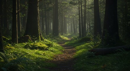 Enchanting Forest Path Bathed in Ethereal Sunlight