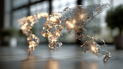 A stylized world map made of wire and lights, set against a blurred background, representing connectivity and global networks.