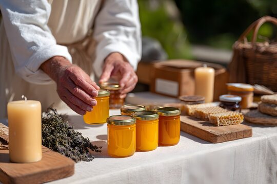Local beekeeper showcases honey jars and combs during a harvest event Generative AI