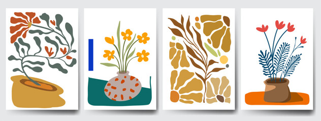 Groovy abstract flower art set. Organic doodle shapes in trendy naive retro hippie 60s 70s style. Contemporary doodle art design for print, wallpaper, clipart, wall art for home decoration, poster.