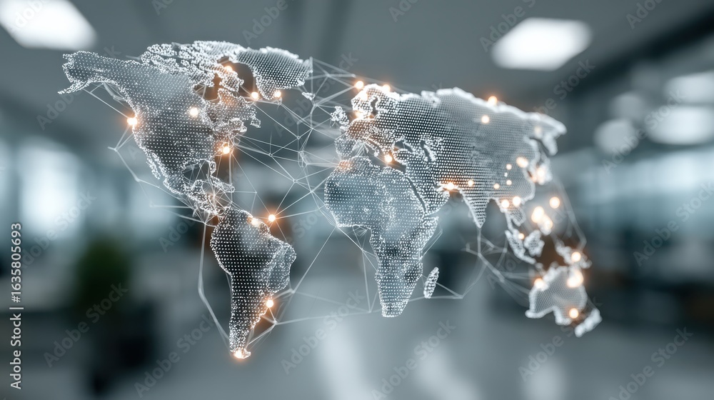 Poster a digital world map with interconnected lines and glowing nodes, symbolizing global connectivity and